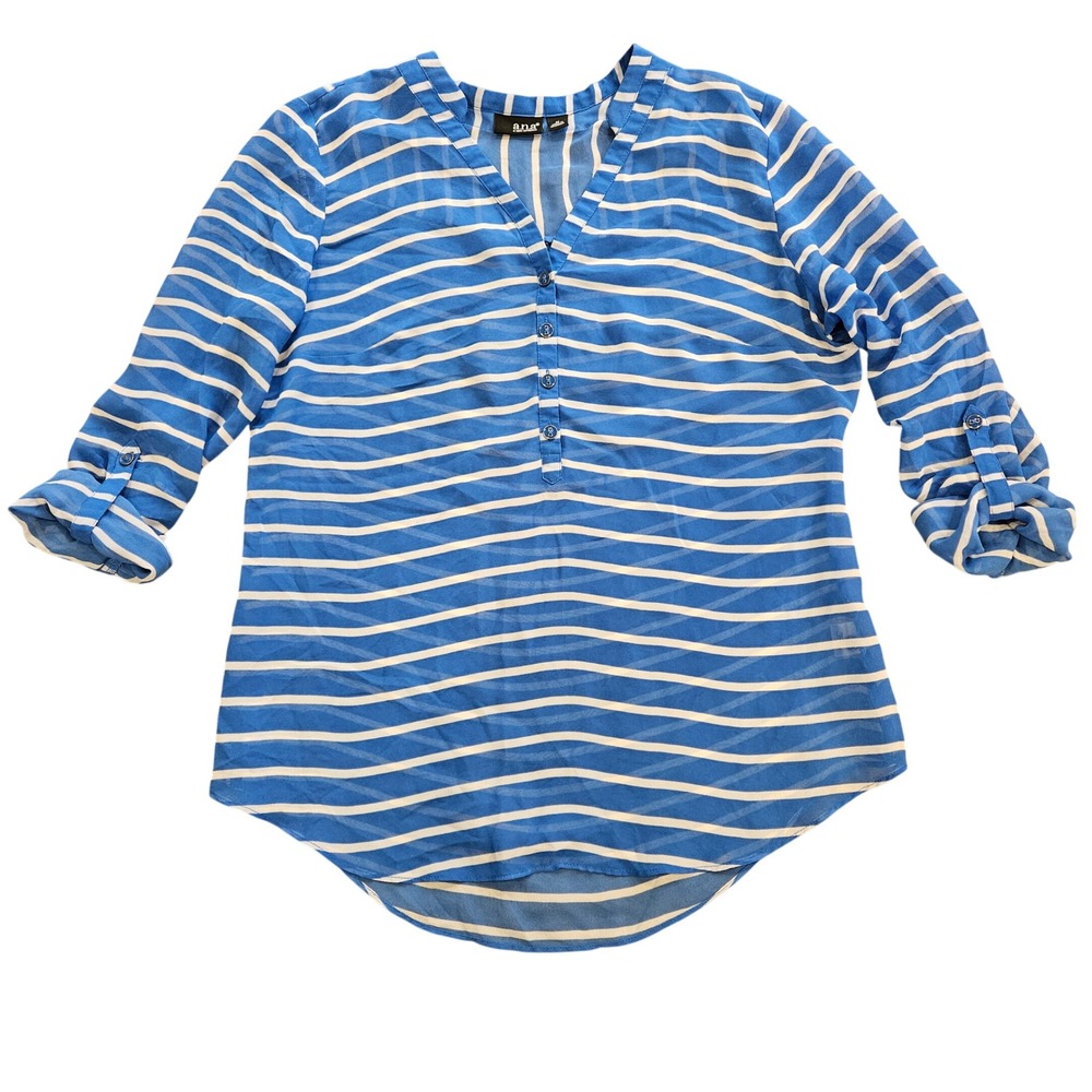 ANA A New Approach Blue White Striped Roll Tab Sleeve Sheer Henley Blouse Medium